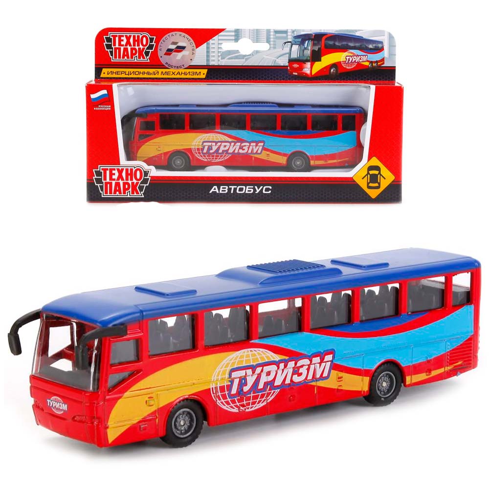 Инерционная металлическая модель Технопарк Рейсовый автобус Туризм, 15 см