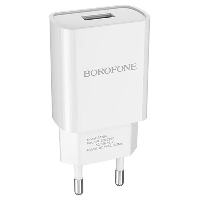 Сетевое зарядное устройство Borofone BA20A, 1 USB, 2.1 А, белое