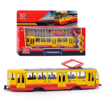 Модель металл Трамвай, 18,5 см, (двери, свет-звук, желтый) инерц, в коробке