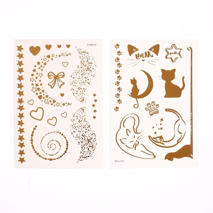 Детские татуировки-переводки, 10×15 см, набор 2 листа, золото, «Котики, сердца и звёзды»