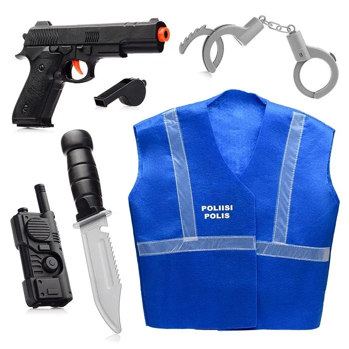 Набор полицейского (жилет, пистолет, рация (муляж), часы, наручники, свисток, нож) в пакете D006
